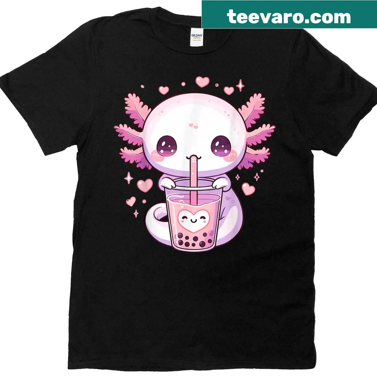 Cute axolotl enjoying bubble tea graphic T-shirt — on a men's t-shirt
