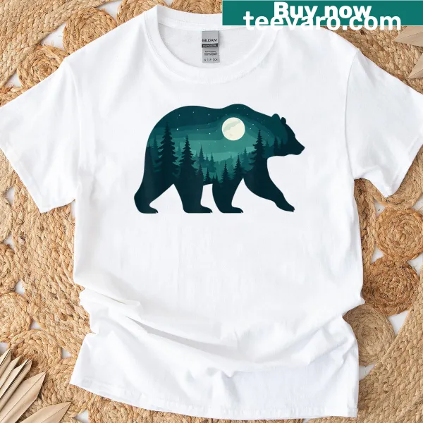 Bear silhouette graphic on a moonlit forest scene t-shirt