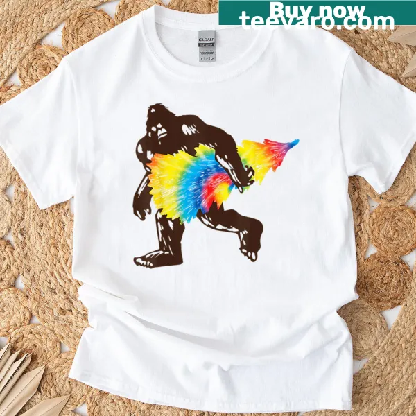 Bigfoot with Christmas lights and tree graphic on a festive T-shirt