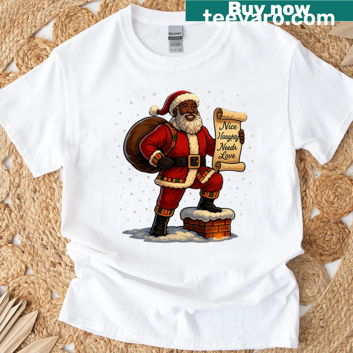 Afrocentric Santa illustration with Kente trim on a black t-shirt — on a men's t-shirt