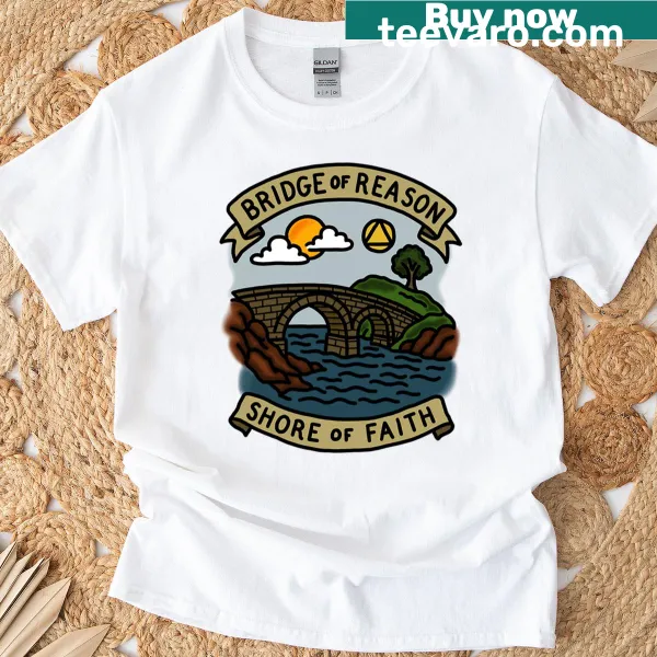 Illustrative T-shirt depicting a bridge symbolizing reason and faith