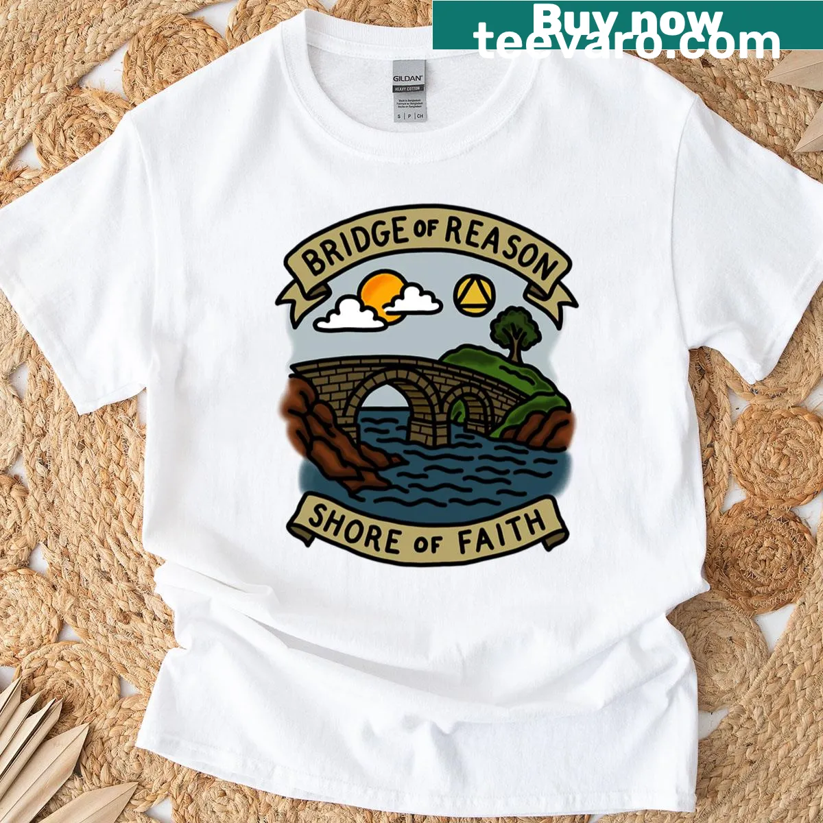 Illustrative T-shirt depicting a bridge symbolizing reason and faith — on a men's t-shirt