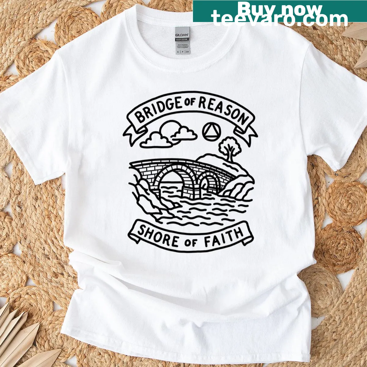 Graphic tee featuring a bridge symbolizing reason and faith. — on a men's t-shirt