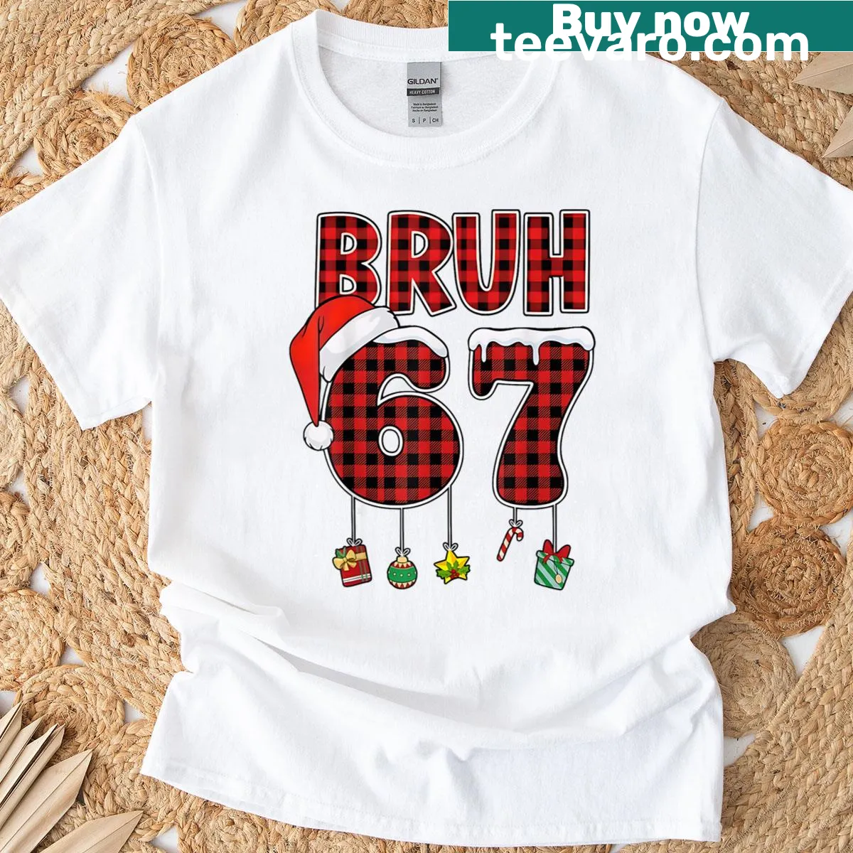 Funny 'bruh' meme T-shirt with red plaid for Christmas. — on a men's t-shirt