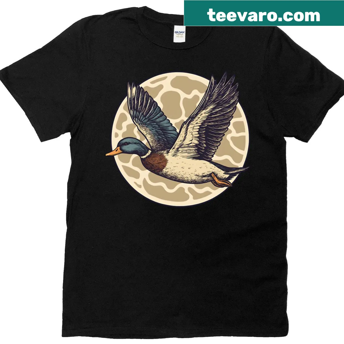 Camo T-shirt featuring a flying mallard bird illustration — on a men's t-shirt