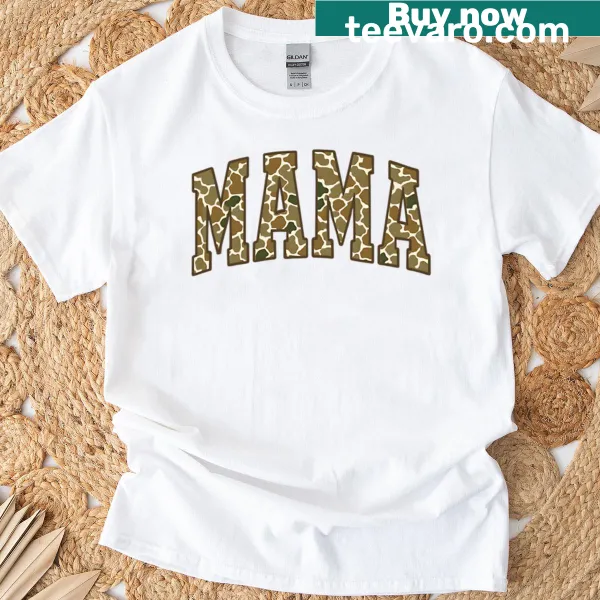 Camo Mama T-shirt with camouflage print and text