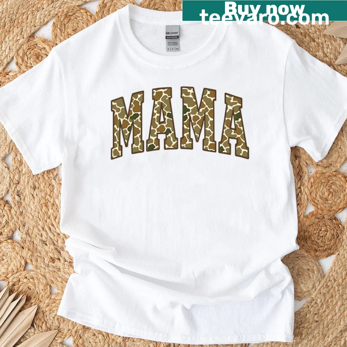 Camo Mama T-shirt with camouflage print and text — on a men's t-shirt
