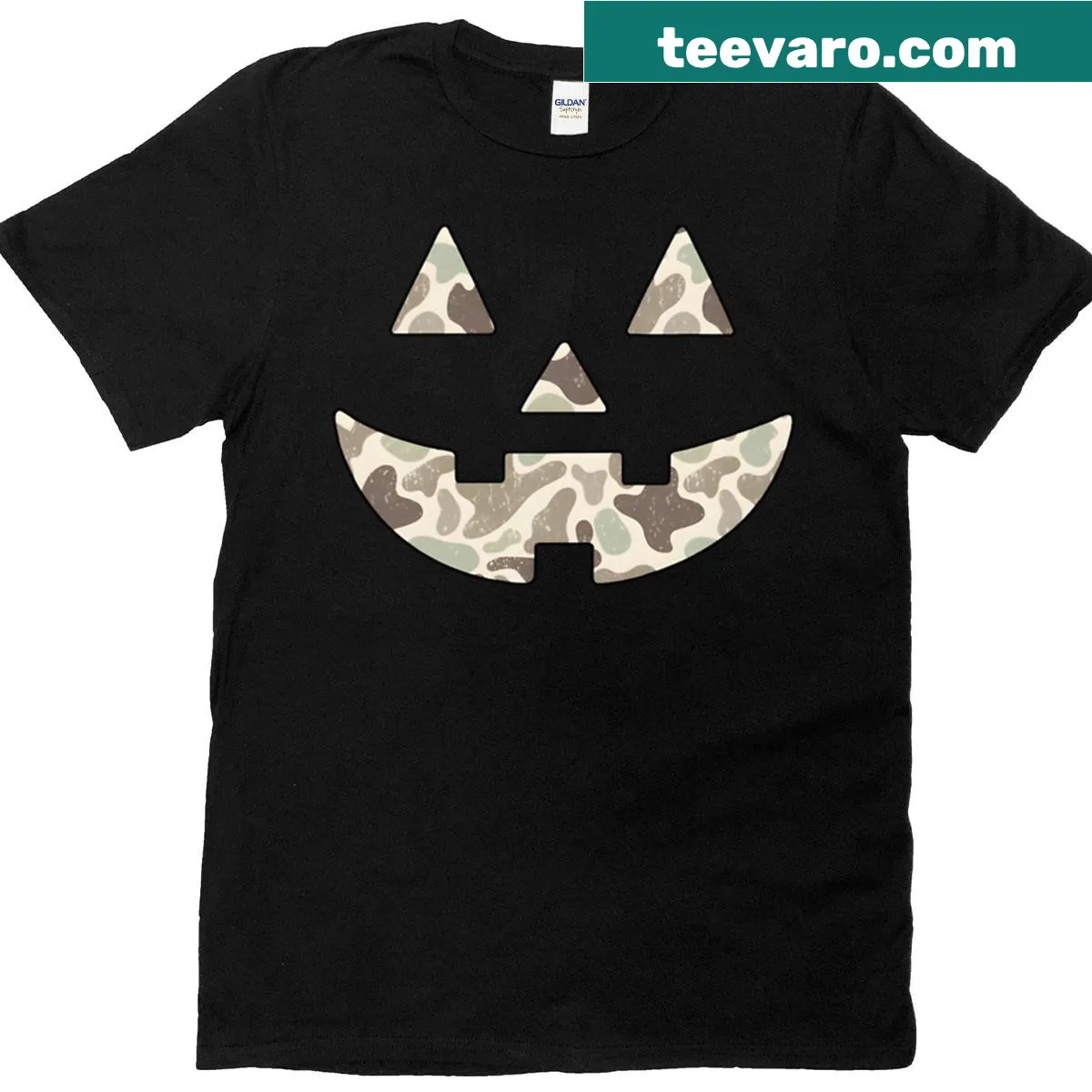 Camo Pumpkin Face T-shirt with a unique Halloween design — on a men's t-shirt
