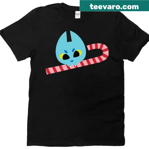 Cute T-shirt with a cat surrounded by candy illustration
