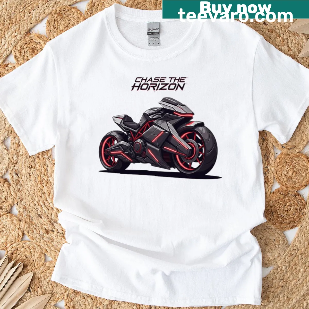 Illustration of a motorcycle chasing the horizon on a T-shirt — on a men's t-shirt