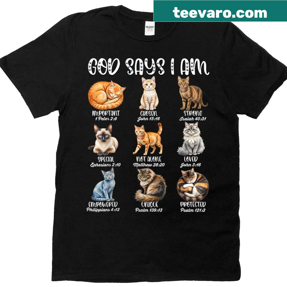 Typography tee with the phrase 'God Says I Am Cat Jesus' — on a men's t-shirt