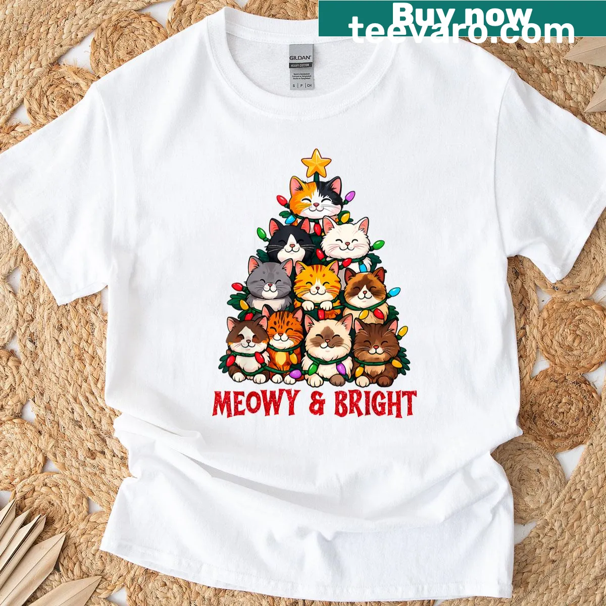 Funny T-shirt with a cat-themed Christmas tree design — on a men's t-shirt