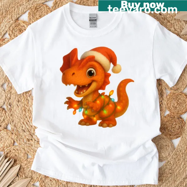Christmas t-shirt featuring a Dilophosaurus wearing a Santa hat