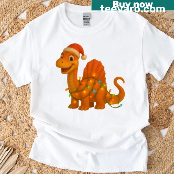 Cute Christmas Diplodocus illustration on a T-shirt for kids.
