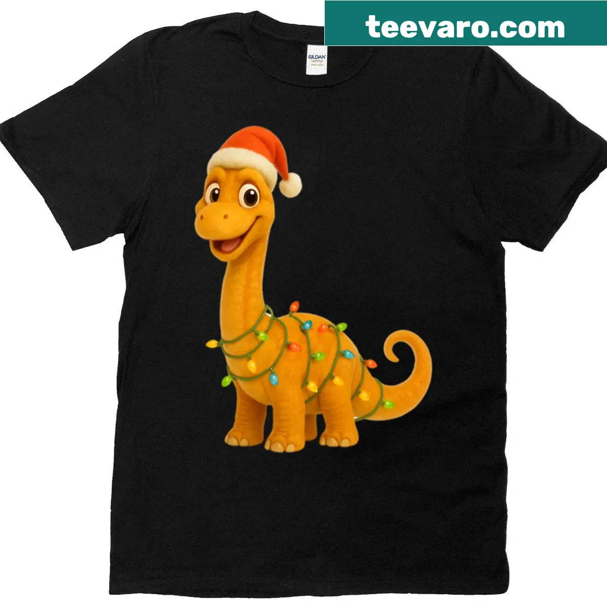 Funny Christmas T-shirt featuring a festive Dreadnoughtus dinosaur — on a men's t-shirt