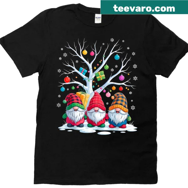 Gnomes with presents and a snowy tree design on a t-shirt