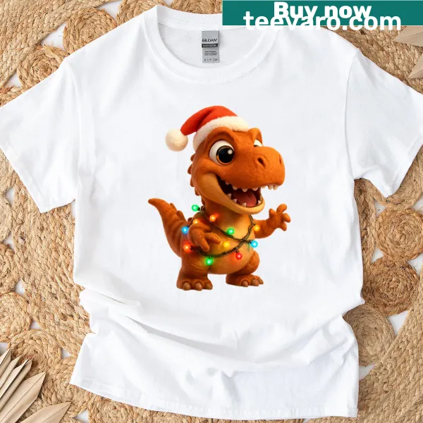 Gorgosaurus dinosaur in festive attire on a Christmas t-shirt