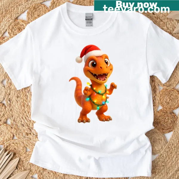 Graphic T-shirt with a Santa-hatted dinosaur illustration for Christmas.