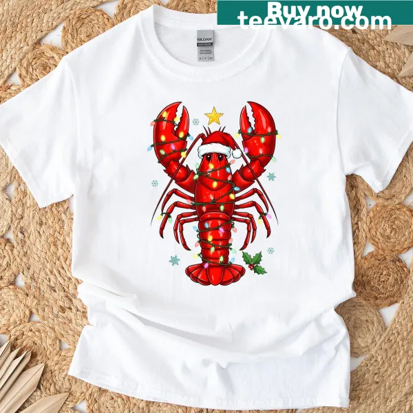 Funny Christmas T-shirt featuring a lobster in a Santa hat