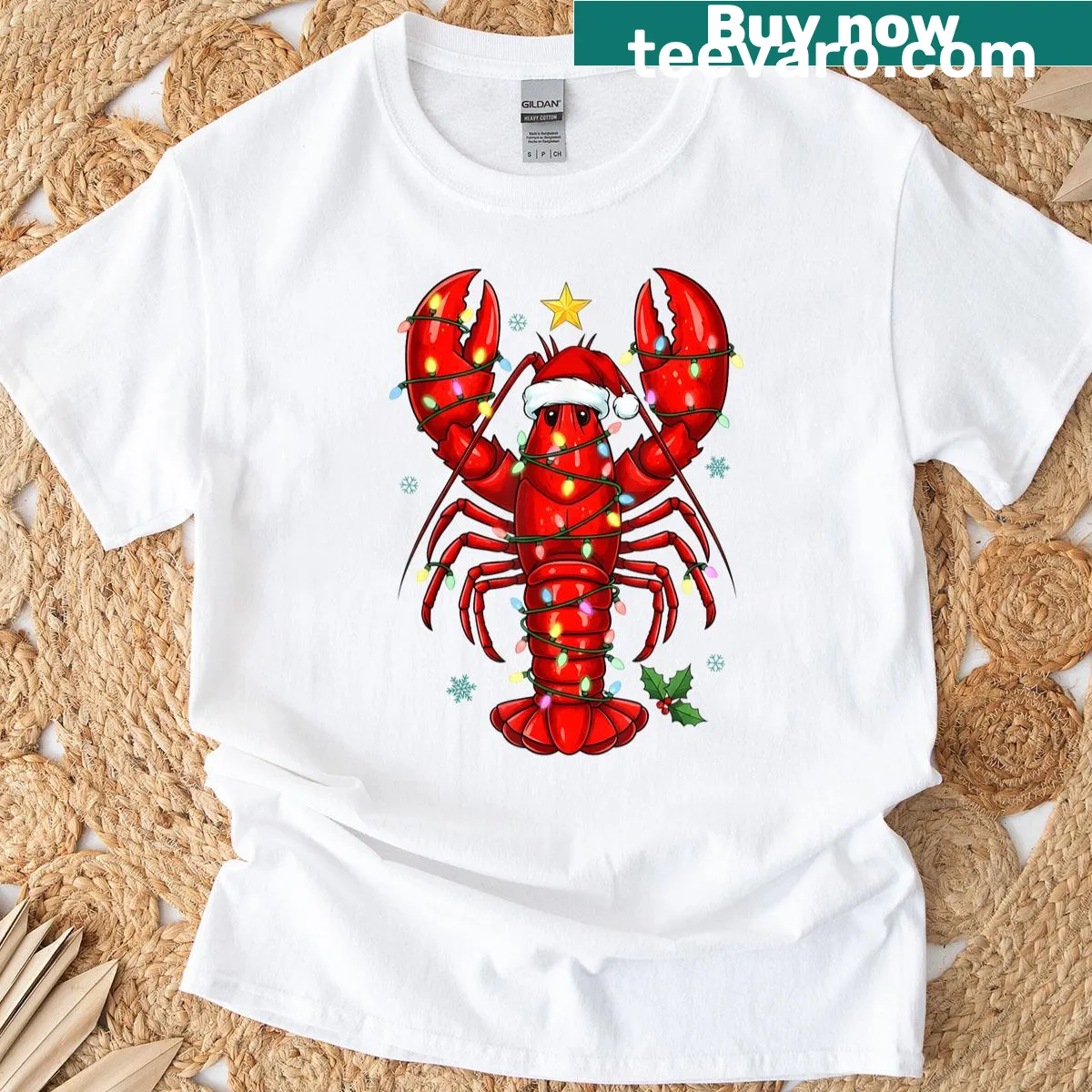 Funny Christmas T-shirt featuring a lobster in a Santa hat — on a men's t-shirt