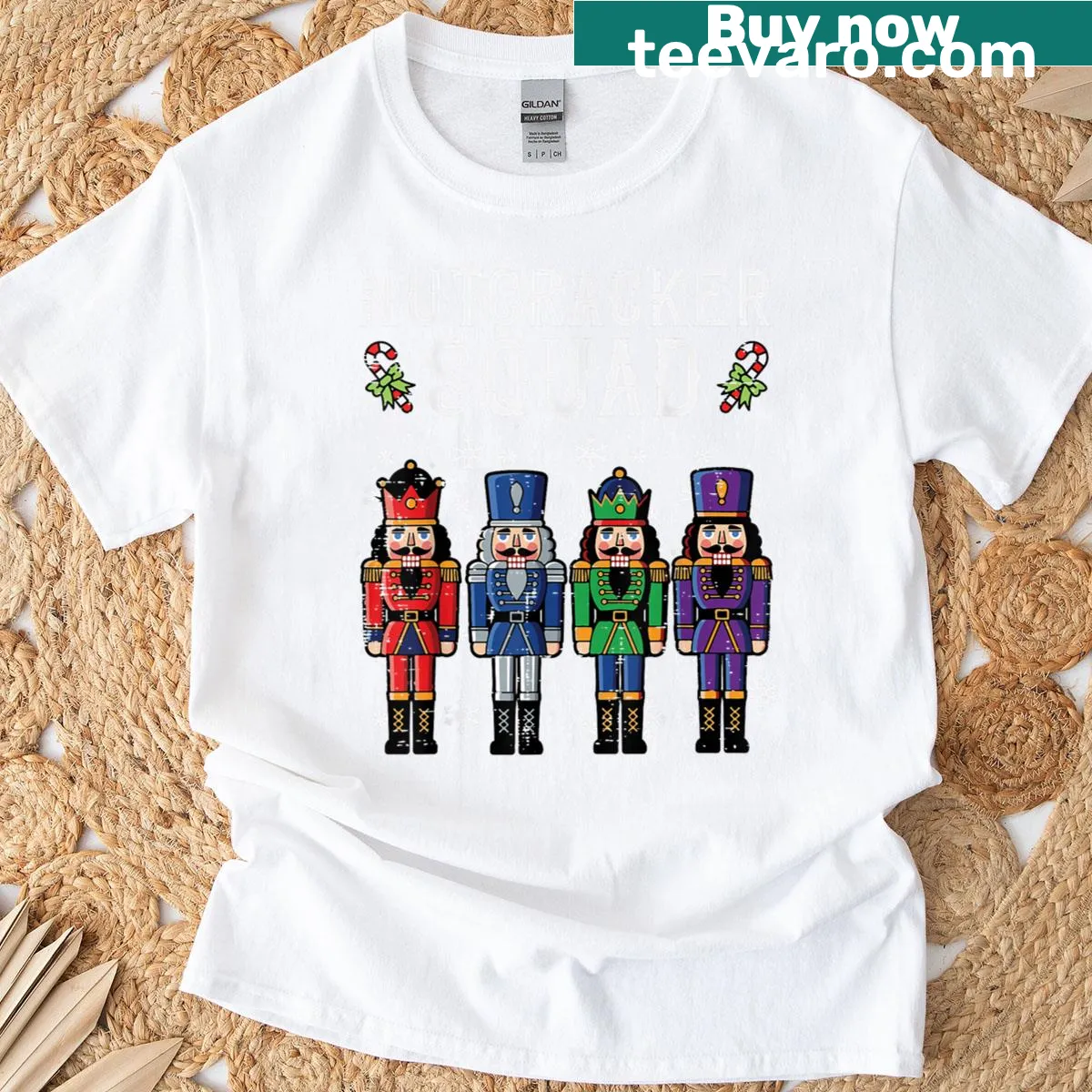 T-shirt featuring 'Christmas Nutcracker Squad' design with playful illustrations — on a men's t-shirt