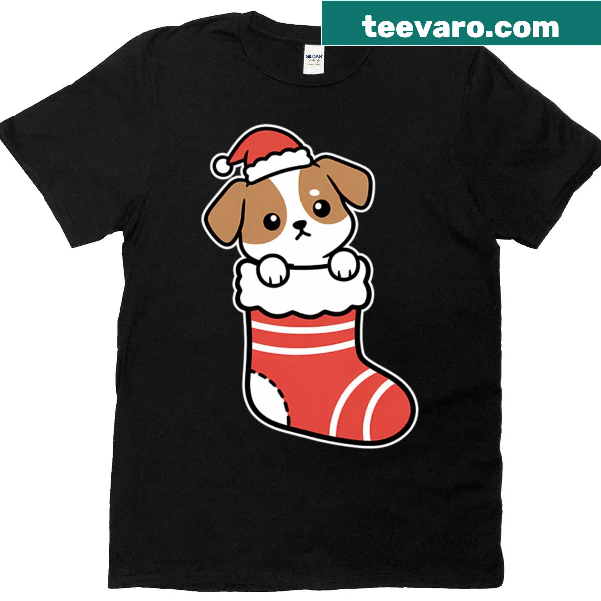Kawaii cartoon of a puppy in a Christmas stocking — on a men's t-shirt