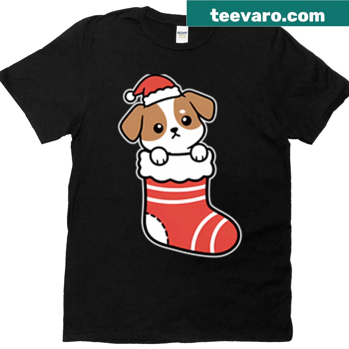 Cute cartoon dog in stocking for Christmas T-shirt. — on a men's t-shirt