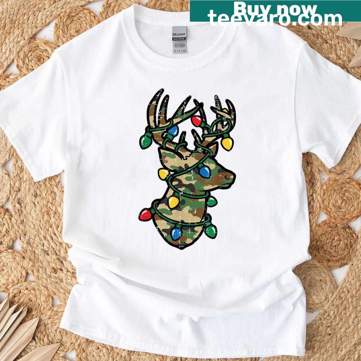 Christmas reindeer silhouette camo T-shirt with lights — on a men's t-shirt