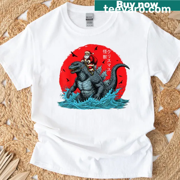 T-shirt featuring Santa riding a Japanese monster Kaiju Santazilla
