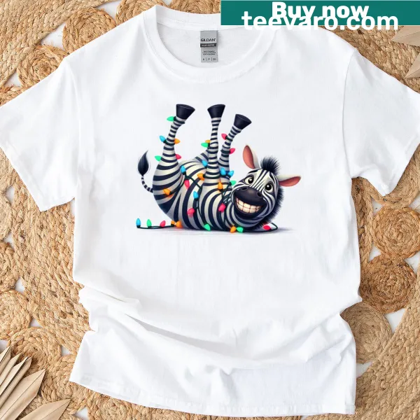 Christmas-themed T-shirt featuring a zebra in festive attire