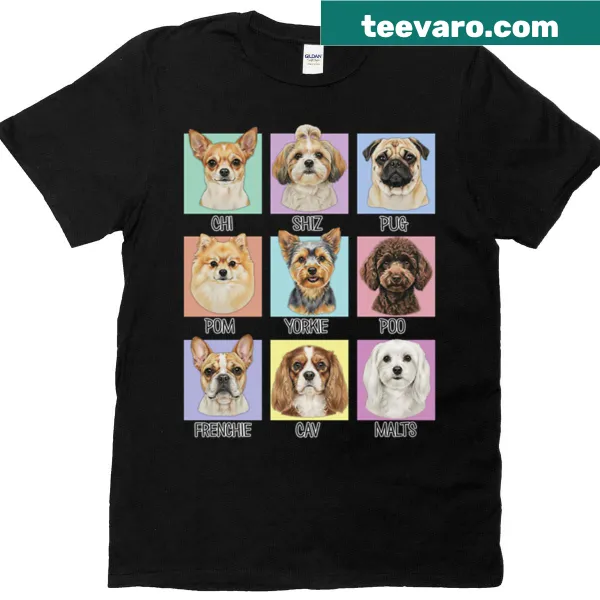 Illustration of large dog breeds with nicknames on a t-shirt