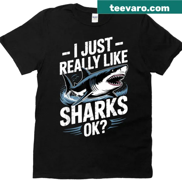 Illustrated great white and hammerhead shark graphic on T-shirt