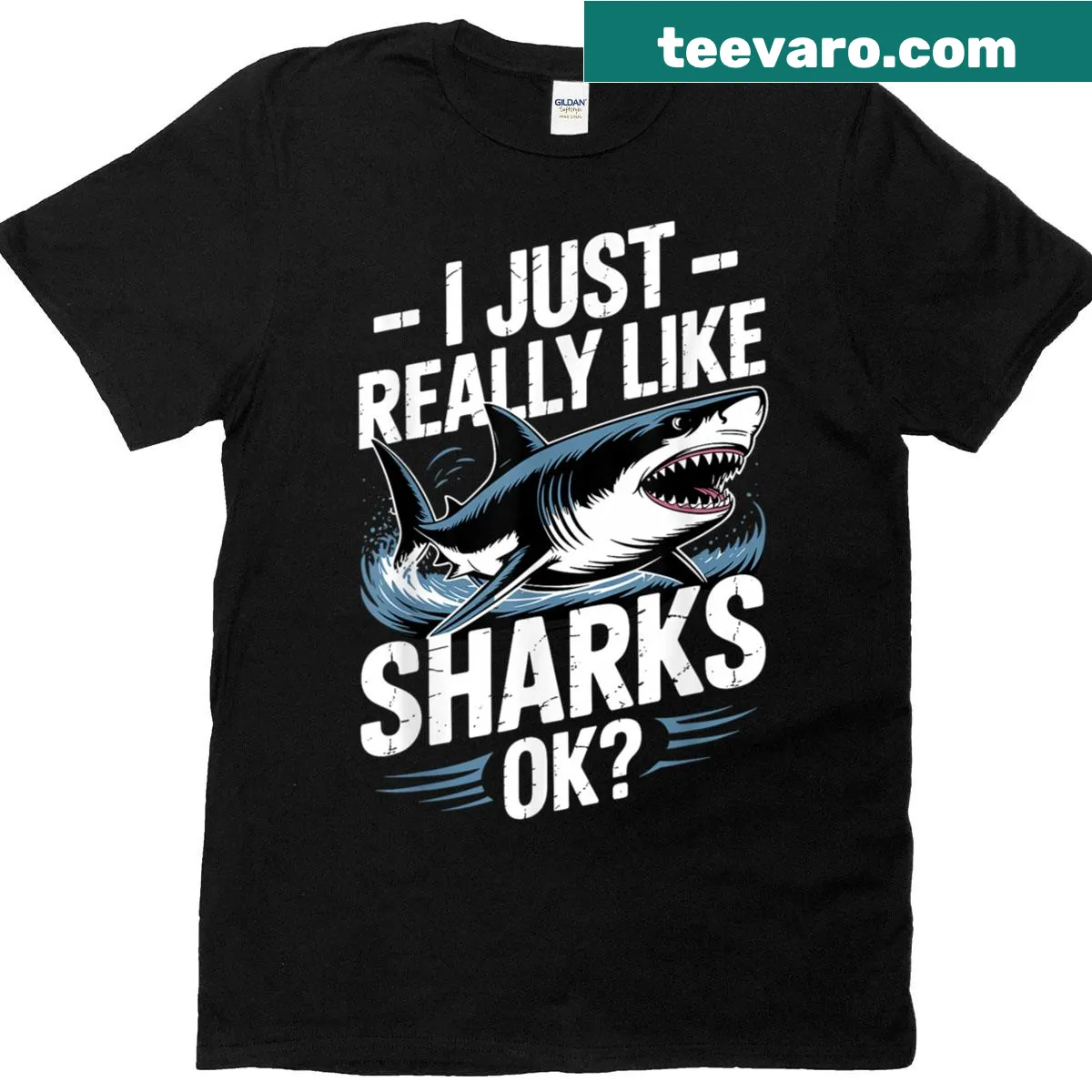 Illustrated great white and hammerhead shark graphic on T-shirt — on a men's t-shirt