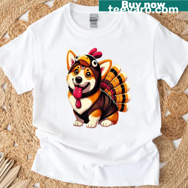 Corgi dog in turkey costume graphic t-shirt for Thanksgiving.