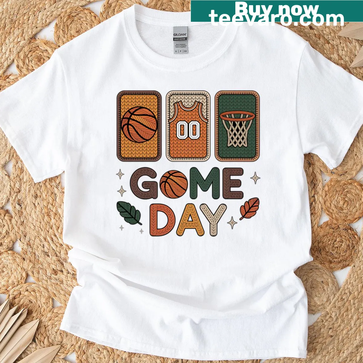 Retro basketball t-shirt with cozy knitted fall design — on a men's t-shirt