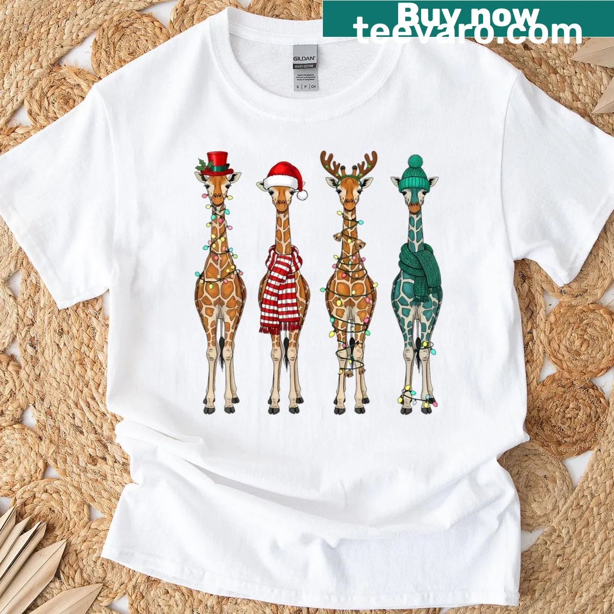 Cute Christmas giraffe t-shirt with Santa hat and lights — on a men's t-shirt
