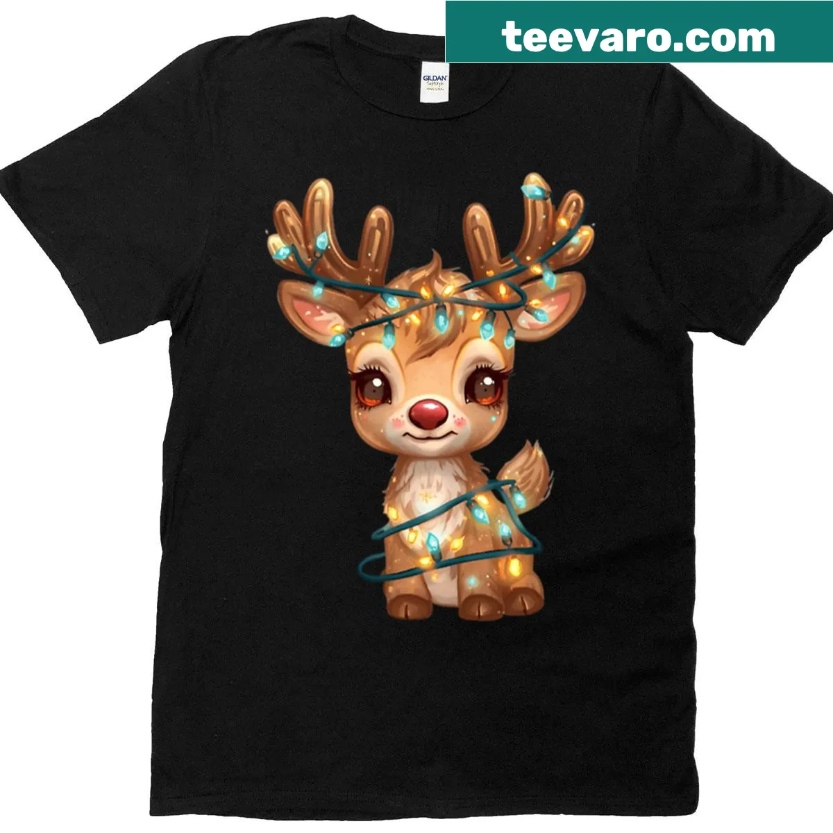 Cute reindeer wrapped in lights illustration on a Christmas T-shirt — on a men's t-shirt