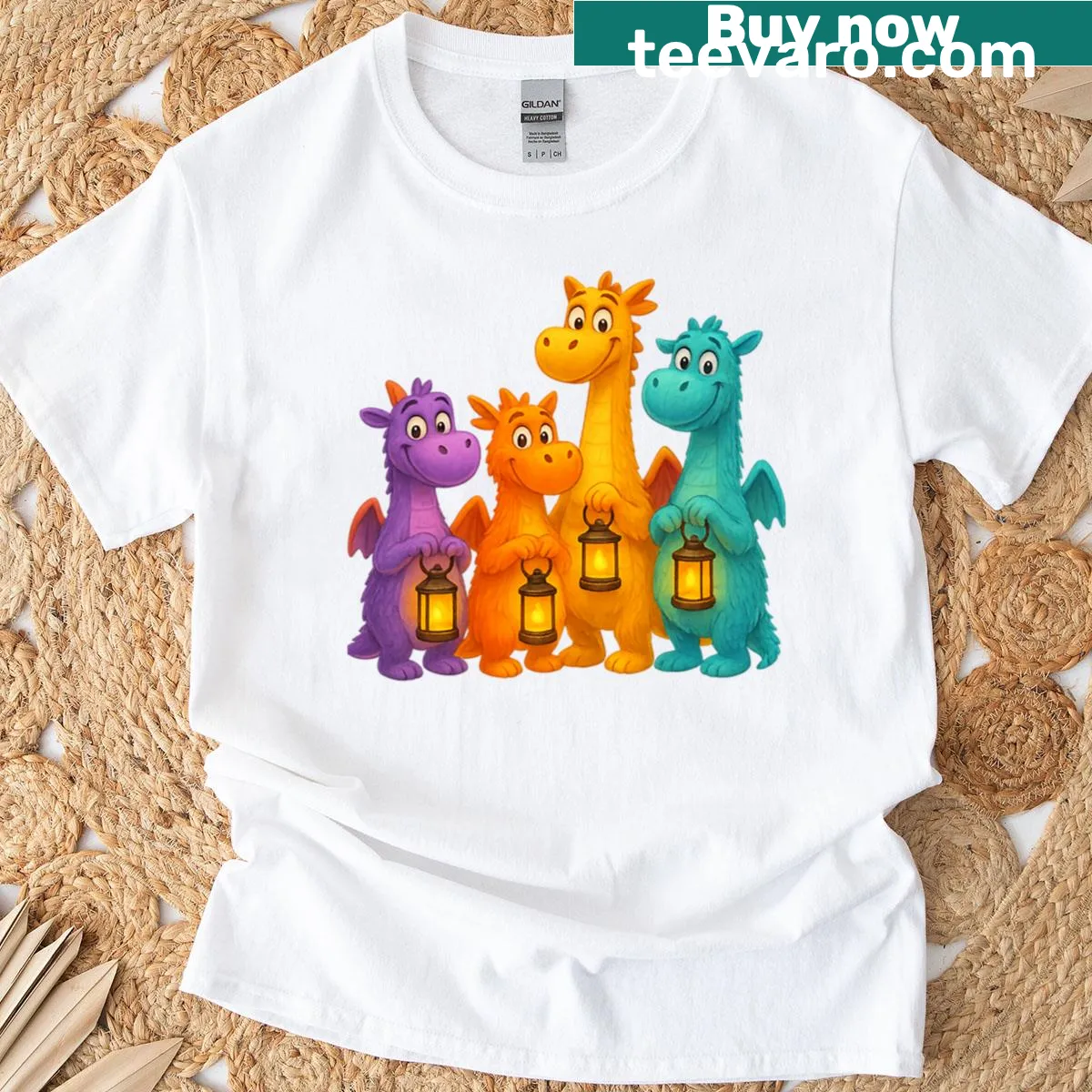 T-shirt featuring cute dragons with lanterns in a whimsical design — on a men's t-shirt