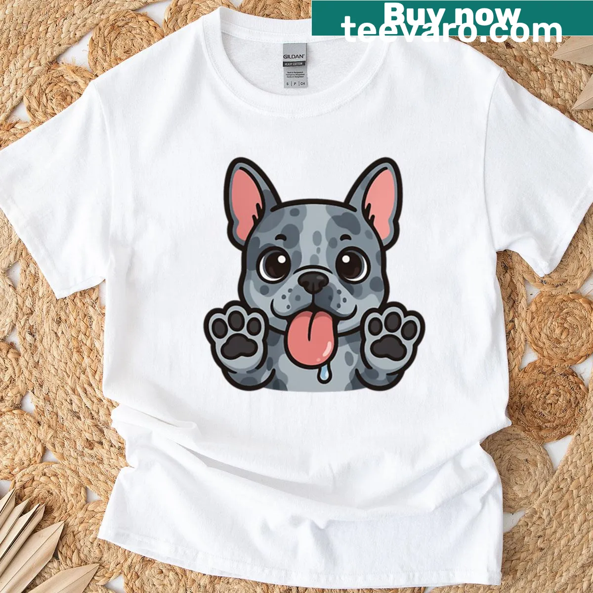 Cartoon T-shirt of a French bulldog licking the screen with big paws. — on a men's t-shirt
