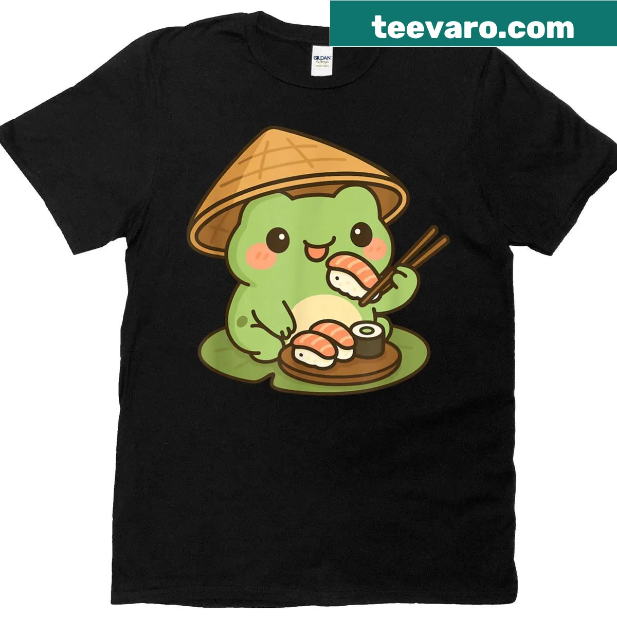 Cute frog enjoying sushi cartoon T-shirt — on a men's t-shirt