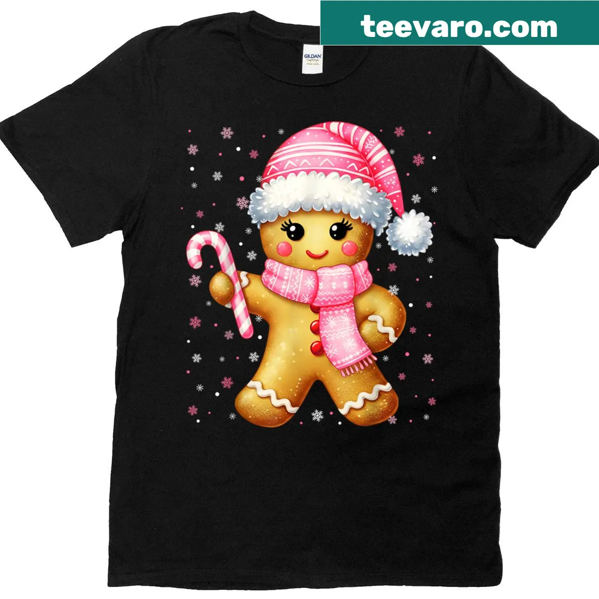 Cute Christmas t-shirt with gingerbread and candy cane design for women — on a men's t-shirt