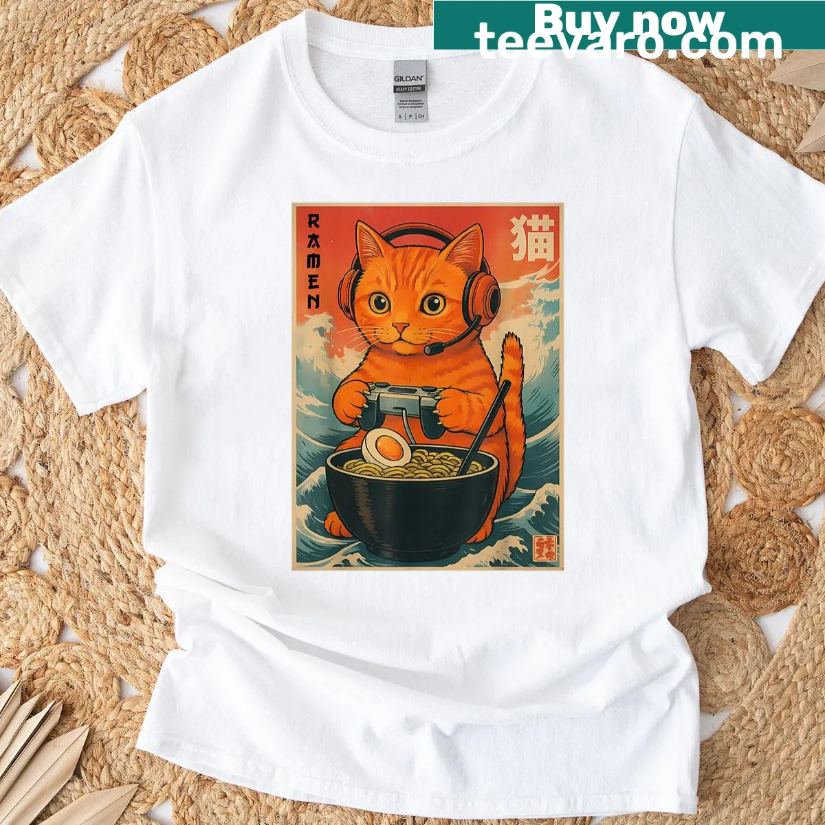 Kawaii cat graphic enjoying ramen on a T-shirt — on a men's t-shirt