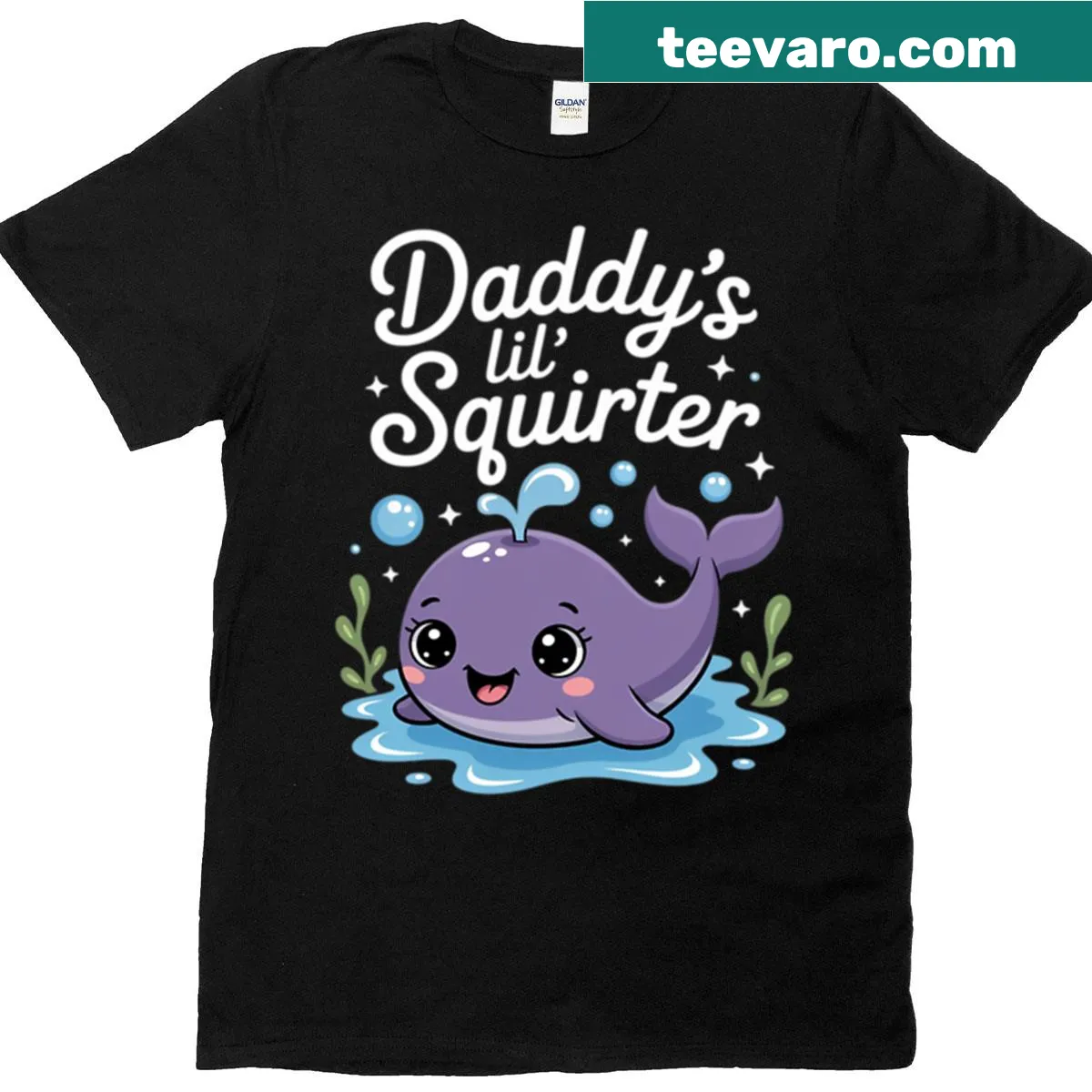 Playful T-shirt with Daddy's Lil' Squirter whale graphic — on a men's t-shirt