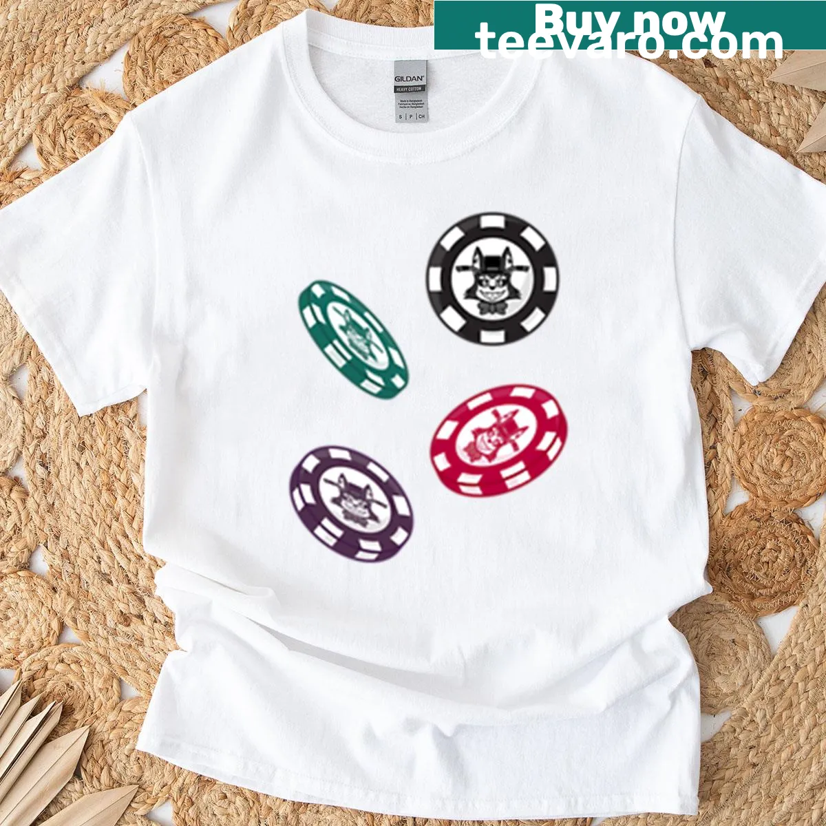 Hazbin Hotel themed poker chips T-shirt — on a men's t-shirt