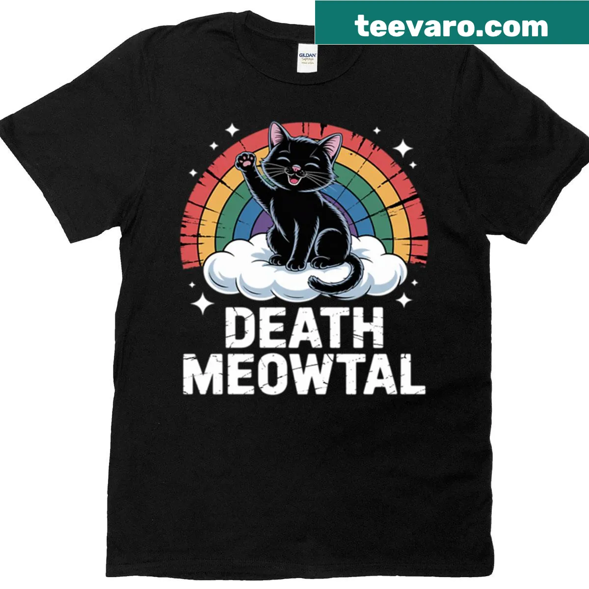 Funny 'Death Meowtal' cat-themed t-shirt design — on a men's t-shirt