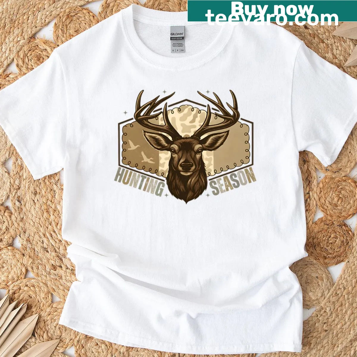 Camo T-shirt for deer hunting season featuring a playful graphic — on a men's t-shirt