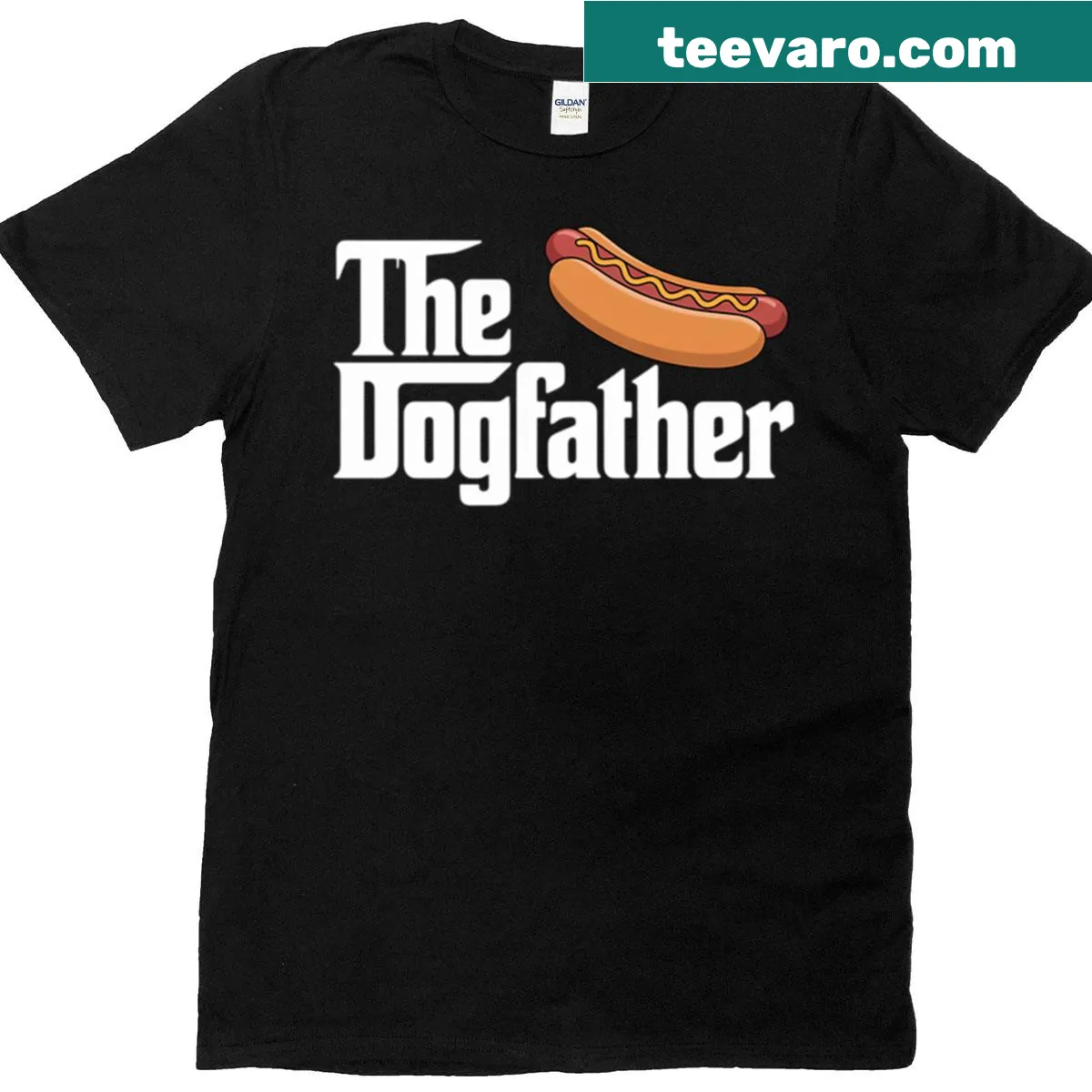 Whimsical Dogfather graphic with a hot dog and cartoon dog on a T-shirt — on a men's t-shirt