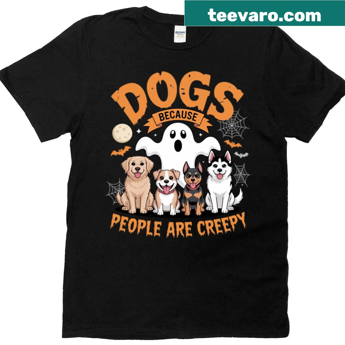 Playful Halloween t-shirt saying 'Dogs Because People Are Creepy' — on a men's t-shirt