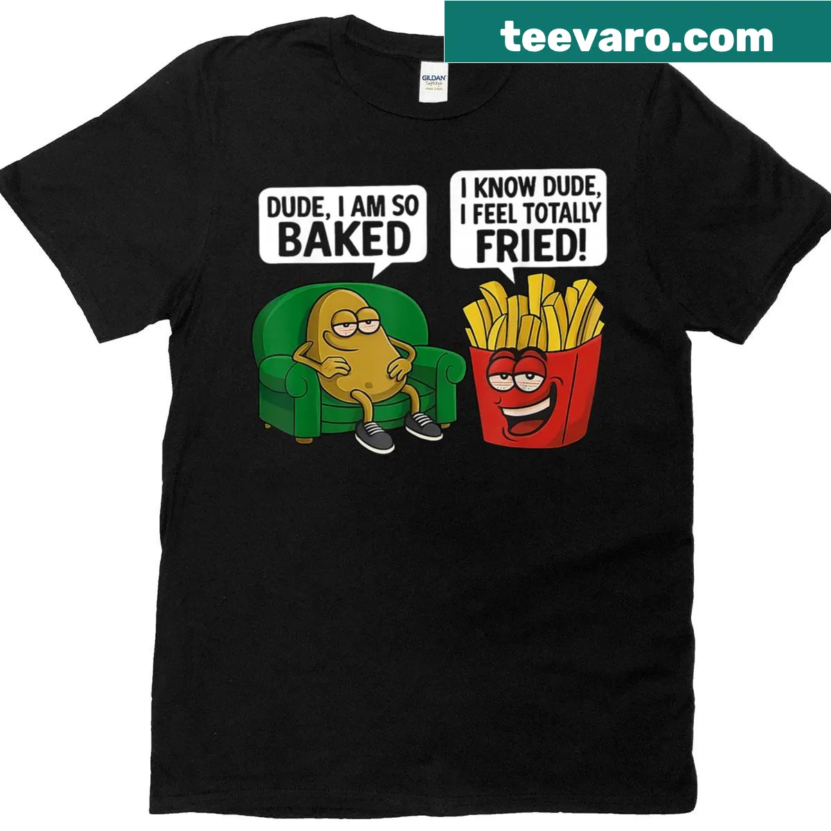 Funny T-shirt with playful baked and fried text design — on a men's t-shirt