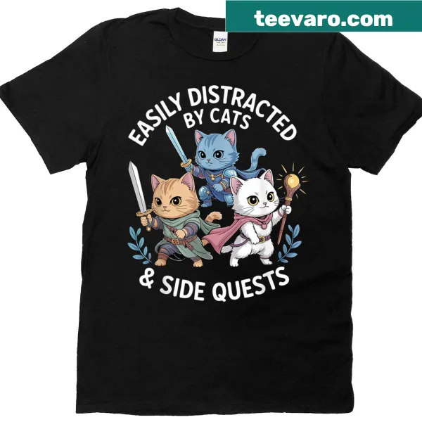 Funny cat-themed gamer t-shirt for side quests